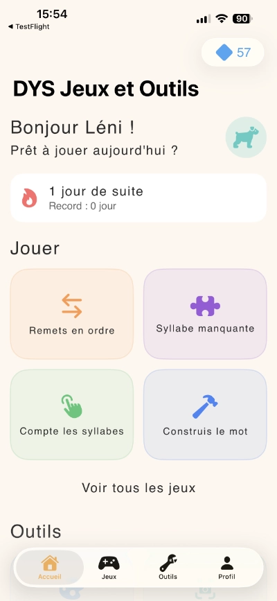 Écran d'accueil de DYS Jeux et Outils